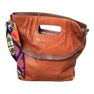 Vince Camuto Cognac Leather Tote with Multicolor Scarf